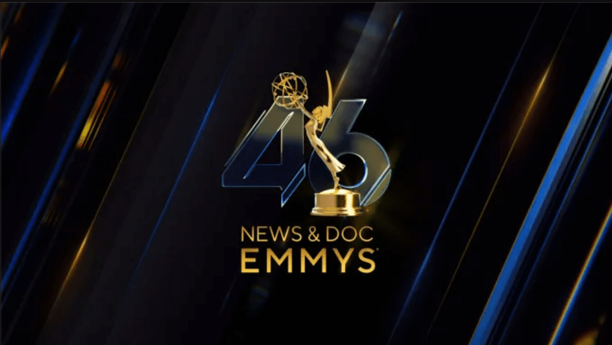 Emmy statuette over the number 46. Underneath is written "News & Doc Emmys"